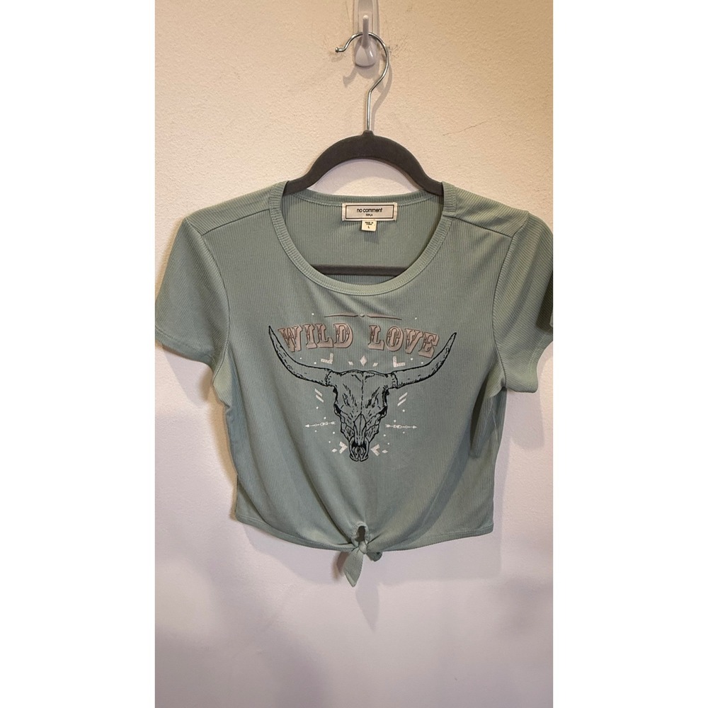 No Comment NY LA Sage Green Wild Love Bull Skull Ribbed Tie Front Crop Top Large